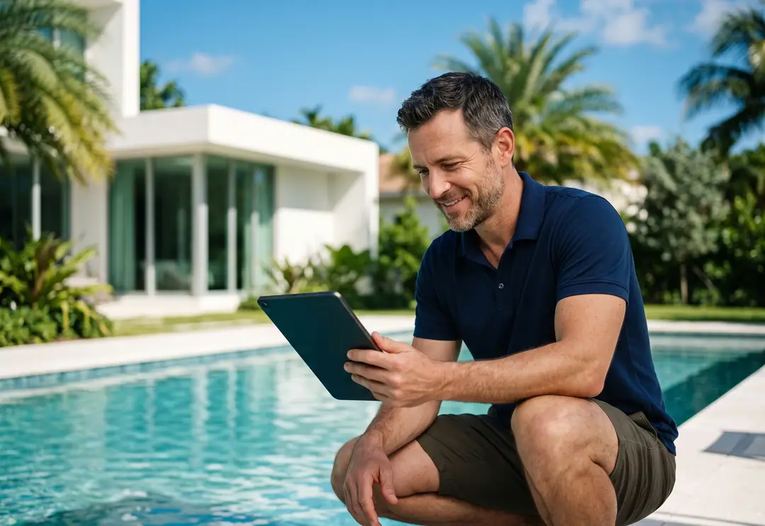 A pool service owner checking a tablet by a client's pool