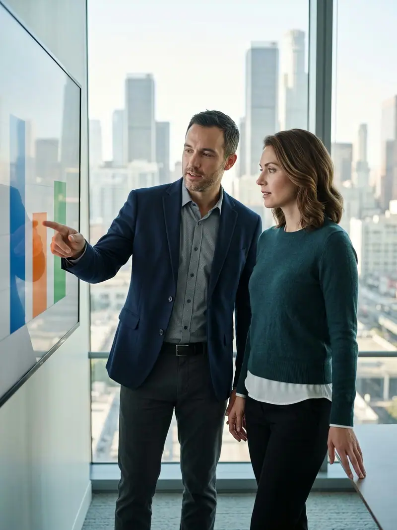 Two partners reviewing a chart in a meeting room