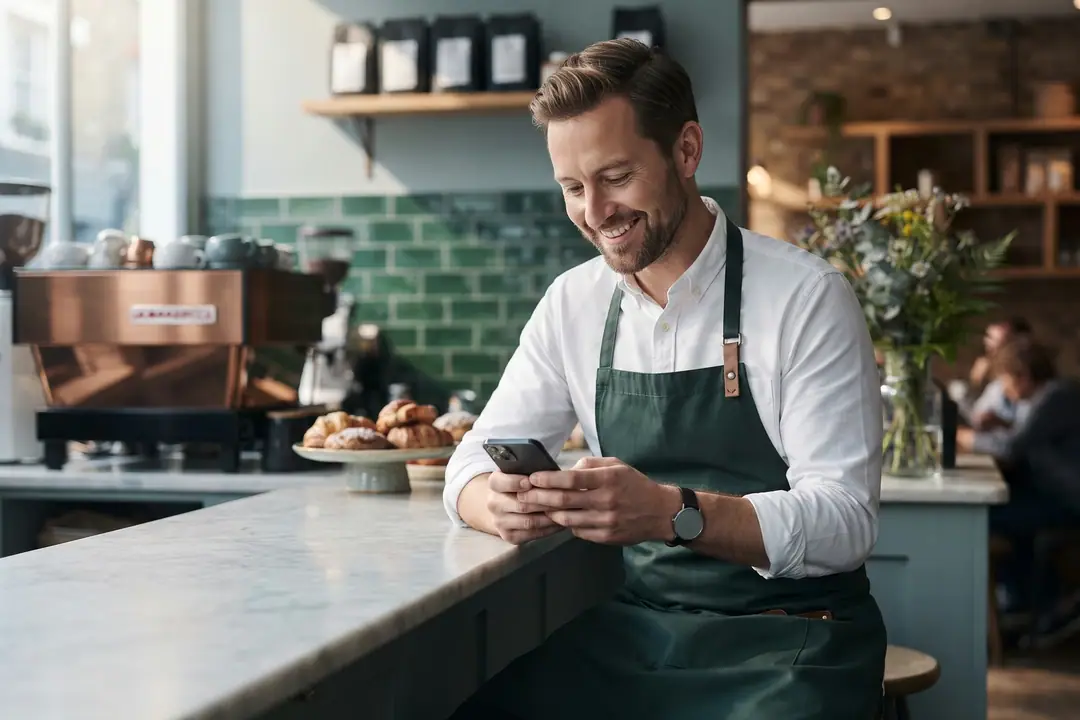 A coffee shop owner reading a review on his phone